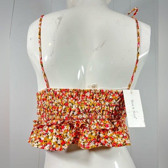 NWT Sim & Sam Pink Orange Brown Floral Smocked Ruffled Cami Spaghetti Strap Sz S - Picture 7 of 9